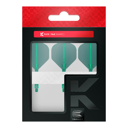 Sistema de vuelo estándar Target K-Flex No2 - Verde Dies ist eine Packung mit drei grünen Dartflights der Marke Target. Die Verpackung ist schwarz mit einem roten oberen Rand und einem Sichtfenster.