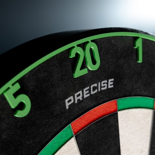 Diana de dardos de acero Endorphine de precisión 180 con anillo numerado - Verde esmeralda Das Precise 180 Endorphine Steeldartboard mit Nummernring in Emerald Green ist dargestellt. Dieses Board eignet sich für den professionellen Steeldartsport.