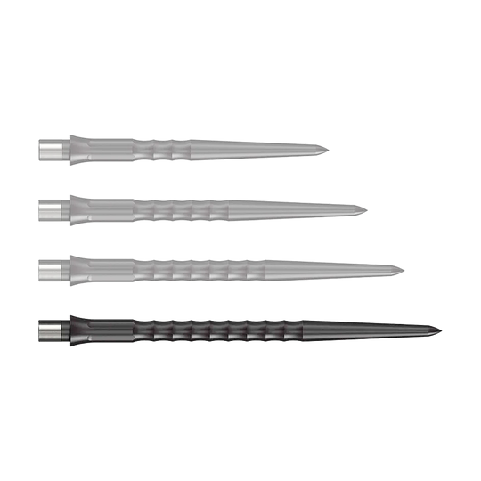 Puntas Steeldart del sistema Caliburn - Ondulada - Sin labio - Negras Abgebildet sind schwarze Steeldartspitzen des Caliburn Evo Systems mit 40 mm Länge. Die Steeldartspitze ist einzeln auf weißem Hintergrund zu sehen.
