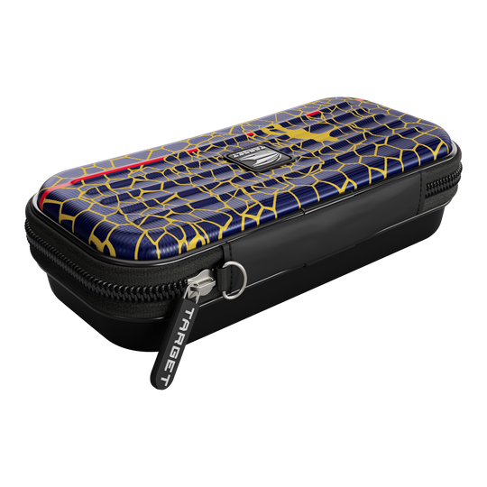 Estuche para dardos Target Takoma Josh Rock Das Bild zeigt ein Target Takoma Josh Rock Dartcase. Das Etui hat ein auffälliges Muster in Blau und Gelb mit einem schwarzen Reißverschluss.