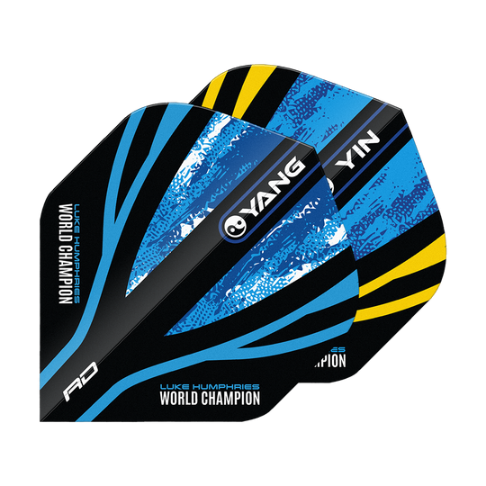 Dragón Rojo Luke Humphries Campeón Mundial Oro Azul Yin Yang Vuelos Estándar Das Bild zeigt die "Red Dragon Luke Humphries World Champion Blue Gold Yin Yang Standard Flights". Die Flights sind in Blau, Schwarz und Gelb gestaltet und tragen die Aufschrift "World Champion" sowie "YIN" und "YANG".