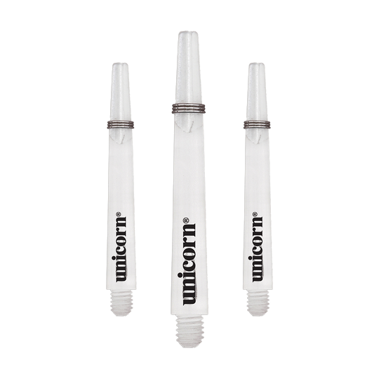 Mangos Unicorn Gripper 3 Mirage - Transparentes - 44,2 mm Das Bild zeigt drei transparente Unicorn Gripper 3 Mirage Shafts mit einer Länge von 44,2 mm. Auf jedem Schaft steht das Wort "unicorn" in schwarzer Schrift.