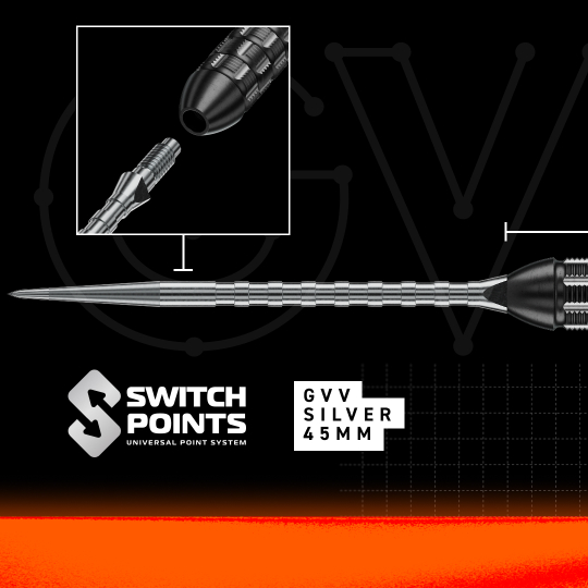 Dardos de acero Winmau Gian Van Veen TS-PRO Switch Point Das Bild zeigt die Winmau Gian Van Veen TS-PRO Switch Point Steeldarts. Die Darts liegen parallel zueinander und sind komplett zu sehen.