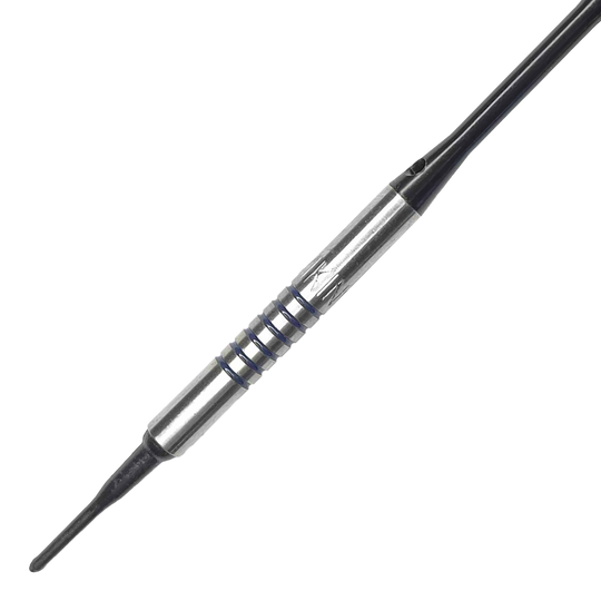 Dardos blandos McDart 85 Tungsten V19 - 16,5 g Dies ist ein McDart 85er Tungsten V19 Softdart mit einem Gewicht von 16,5g. Der Dart hat einen silbernen Barrel mit schwarzen Rillen und einer schwarzen Spitze.