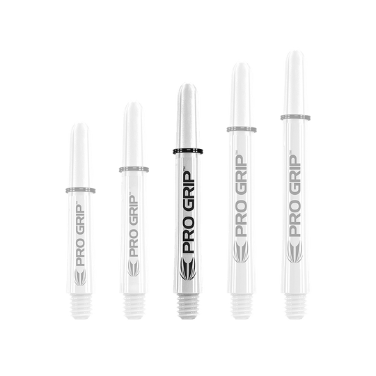 Varillas Target Pro Grip - 3 juegos - Color blanco Das Bild zeigt fünf weiße Dartschäfte mit der Aufschrift "PRO GRIP". Sie sind in einer Reihe nach ihrer Länge sortiert.