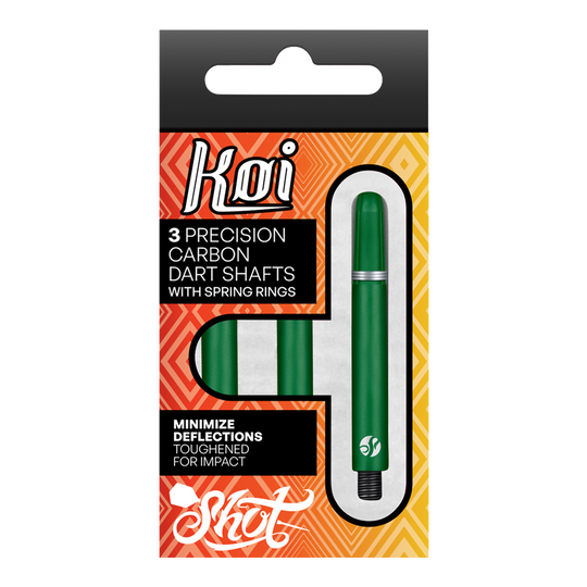 Flechas de carbono Shot Koi - Verde Die Verpackung zeigt drei grüne Präzisions-Carbon-Dartschäfte mit Federringen der Marke Koi. Sie sind darauf ausgelegt, Ablenkungen zu minimieren und sind für hohe Belastungen verstärkt.