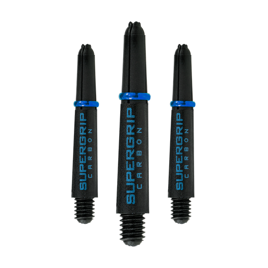 HR363_Harrows_Supergrip_Carbon_Shafts_Aqua_33mm_1wR71flaYlFaPR Das Bild zeigt drei Harrows Supergrip Carbon Shafts in der Farbe Aqua. Die Dartschäfte sind schwarz mit blauer Aufschrift und einem blauen Ring.