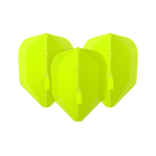 Das Bild zeigt drei neon-gelbe Dartflights. Sie stehen nebeneinander und haben eine klassische Pfeilform.