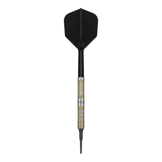 Dardos blandos Target Japan Black Marque Reyn GEN2 - 17,5 g Auf dem Bild ist ein Softdartpfeil des Modells "Target Japan Black Marque Reyn GEN2 Softdarts - 17,5g" zu sehen. Er hat eine silberne und goldene Griffzone sowie schwarze Flights und Spitze.