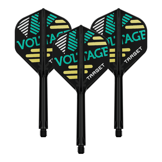 Sistema de eje de vuelo estándar Target K-Flex Rob Cross No2 Auf dem Bild sind drei Dart-Flights mit Schäften zu sehen. Die Flights sind schwarz und tragen die Aufschrift "VOLTAGE" und "TARGET" in grüner und weißer Farbe.