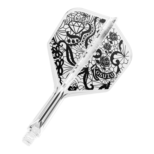 Sistema de eje de vuelo Target Japan K-Flex Diamond No6 Dies ist ein klarer Dartflight mit einem schwarzen, kunstvollen Design, das Rosen, ein Diamant und Netzmuster zeigt. Das System ist einteilig und hat ein Schraubgewinde am Ende.
