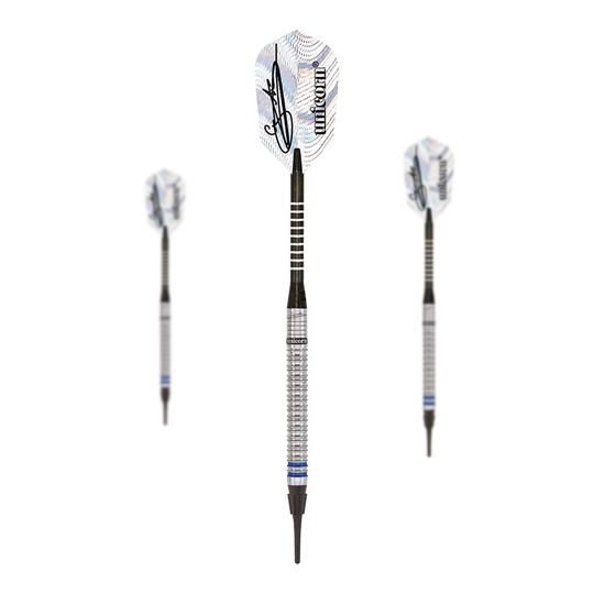 Dardos blandos Unicorn World Champion Natural Phase 3 Gary Anderson - 18 g Das Bild zeigt drei Unicorn World Champion Natural Phase 3 Gary Anderson Softdarts mit einem Gewicht von 18g. Die Darts haben silberne Griffe und weiße Flights mit einer Unterschrift und dem Unicorn-Logo.