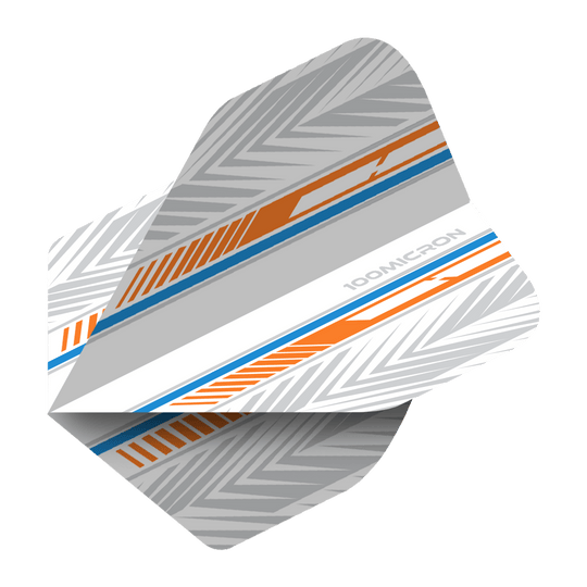 Vuelos de pentatlón blanco/naranja/azul Das Bild zeigt ein Pentathlon Standard Dartflight in den Farben Weiß, Orange und Blau. Das Flight hat ein modernes, grafisches Muster mit der Aufschrift "100 MICRON".