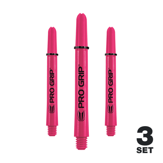 Das Bild zeigt drei pinke Pro Grip Shafts für Dartpfeile. In der rechten unteren Ecke steht "3 SET".