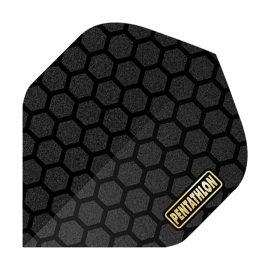 Vuelos de pentatlón RT Honeycomb Dieses Bild zeigt ein Dartflight mit einem schwarzen Wabenmuster. In der Ecke steht das Wort "PENTATHLON" in gelber Schrift auf einem weißen Hintergrund.