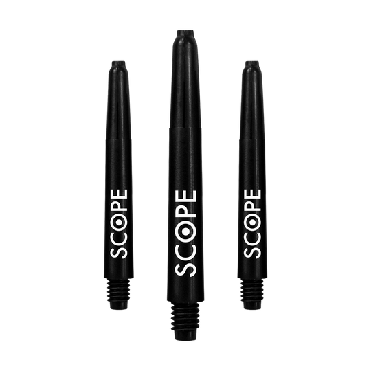 522_McDart_Scope_Nylon_Shafts_Schwarz_41mm_1TpW6mwUFccj0s Das Bild zeigt drei schwarze McDart Scope Nylon Shafts. Auf jedem Schaft steht in weißer Schrift das Wort "SCOPE".