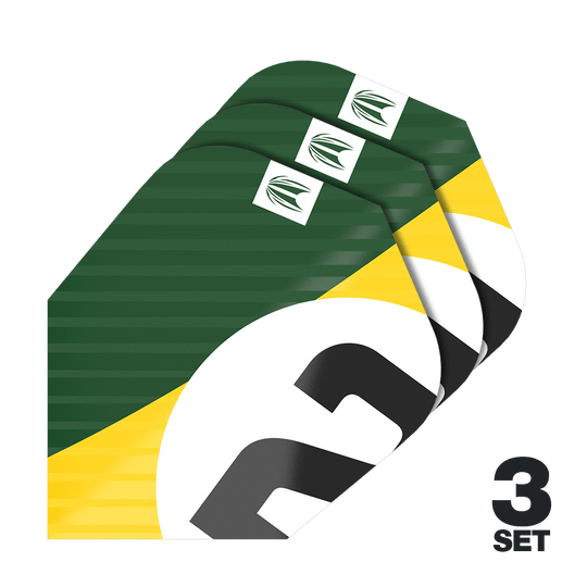 Plumas Target Pro Ultra Chicane Green Ten-X - 3 juegos Das Bild zeigt drei Dart-Flights im grünen, gelben und weißen Design. Unten rechts steht "3 SET", was auf drei Sets hinweist.