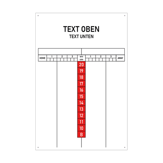 INSCORE1_Scoreboard_mit_Wunschdruck_40x60cm_Rot_1 Das Bild zeigt ein Scoreboard mit individuellen Druckmöglichkeiten in der Größe 40 x 60 cm. In der Mitte sind rote Zahlen von 20 bis 10 sowie ein Feld mit "B" angeordnet, und oben gibt es Platz für eigenen Text.