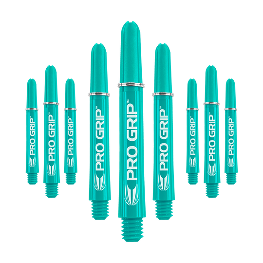 Varillas Target Pro Grip - 3 juegos - Aqua Das Bild zeigt neun aqua-farbene Dartschäfte mit der Aufschrift "PRO GRIP". Sie sind in drei Reihen angeordnet und haben ein einheitliches Design.