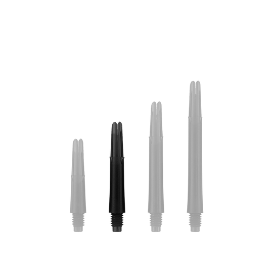 Ejes en L estilo L bloqueados rectos - Negro Auf dem Bild sind vier schwarze, gerade Dartschäfte in unterschiedlichen Längen zu sehen. Sie stehen nebeneinander aufrecht vor weißem Hintergrund.