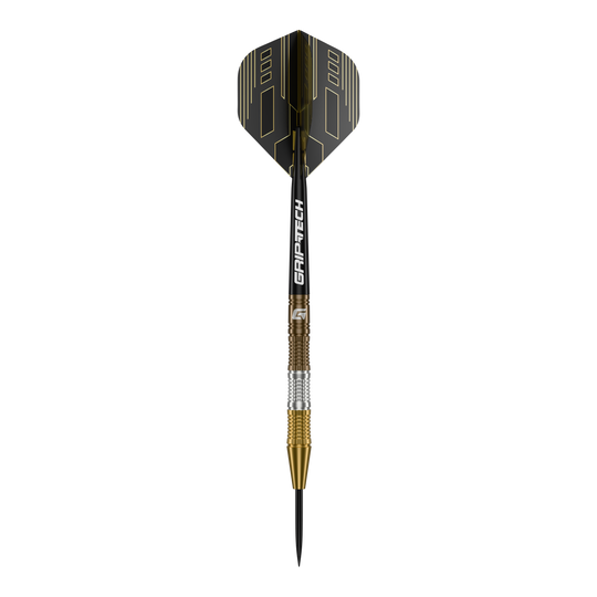 Dardos de acero de tungsteno para la ceremonia GOAT Das Bild zeigt einen GOAT Ceremony Tungsten Steeldart mit einem eleganten Design in Gold, Silber und Schwarz. Auf dem Schaft steht der Schriftzug "GRIP-TECH".