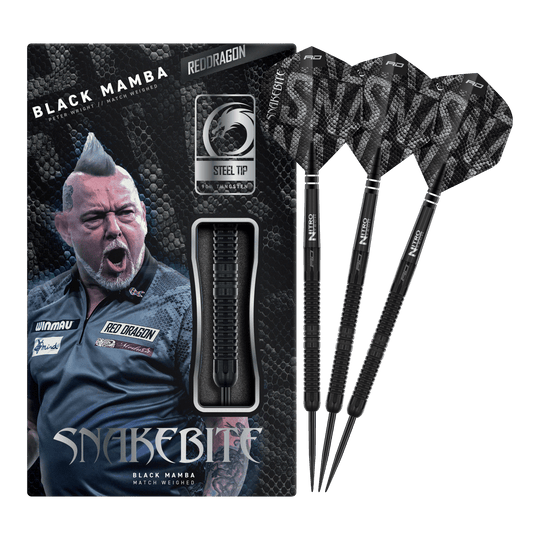 Dardos de acero Red Dragon Peter Wright Snakebite Black Mamba Abgebildet ist der Red Dragon Peter Wright Snakebite Black Mamba Steeldart. Das Produkt zeichnet sich durch sein schwarzes Design und hochwertige Verarbeitung aus.