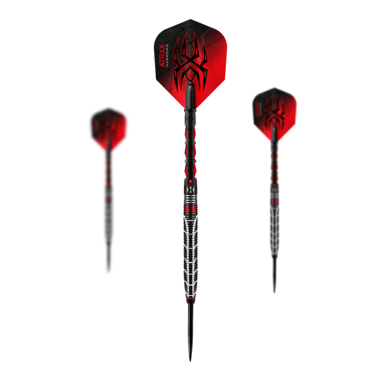 Dardos de acero Harrows Atrax Das Bild zeigt drei schwarze und rote Steeldarts mit markantem Spinnennetz-Design auf den Flights. Die Spitzen und Griffe der Darts sind silbern und haben ein auffälliges Muster.