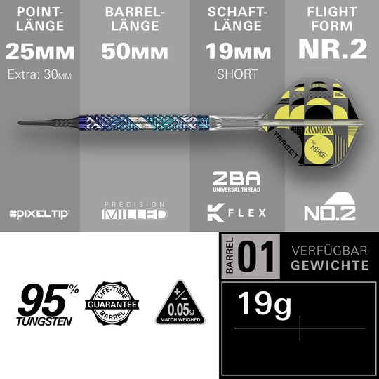 Dardos Target Luke Littler Edge Soft - 19 g Abgebildet sind die Target Luke Littler Edge Softdarts - 19g. Die Darts liegen auf einer glatten Oberfläche und sind aus der Nähe zu sehen.