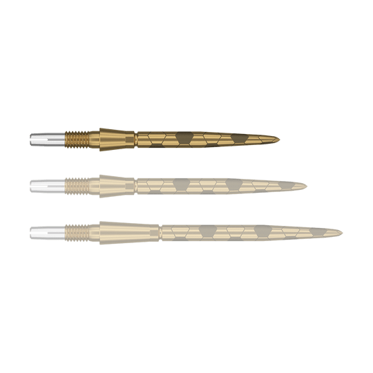 Puntas de dardos Target Swiss Storm Onyx Point - Oro Das Bild zeigt drei goldfarbene Dartspitzen mit sechseckigen Mustern. Sie liegen nebeneinander und sind in unterschiedlichen Perspektiven dargestellt.