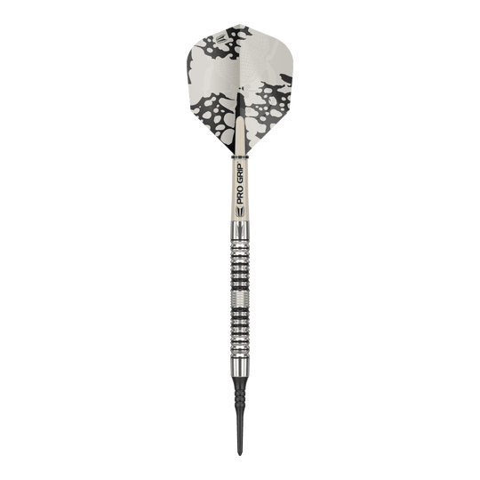 Dardos blandos Target EXO 10 Das Bild zeigt einen Target EXO 10 Softdart. Der Dart hat ein silbernes und schwarzes Design mit einem gemusterten Flight.