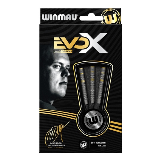 Dardos blandos Winmau Michael Van Gerwen Evo-X - 20g Die Abbildung zeigt die Verpackung der "Winmau Michael Van Gerwen Evo-X Softdarts - 20g". Auf der Vorderseite sind drei Softdarts sowie ein Porträt von Michael Van Gerwen zu sehen.