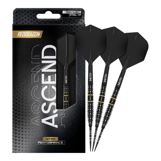 Dardos de acero Torpedo Ascend de Red Dragon Zu sehen ist das komplette Set der Red Dragon Ascend Torpedo Steeldarts. Die Aufnahme zeigt alle enthaltenen Komponenten des Produkts.