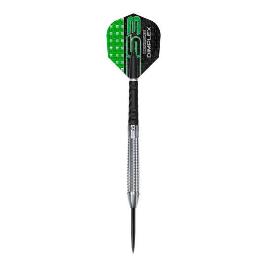 Dardos de acero cónicos Harrows Dimplex S3 Auf dem Bild ist ein Harrows Dimplex S3 Tapered Steeldart zu sehen. Der Dartpfeil hat eine silberne, geriffelte Spitze und grün-schwarze Flights.