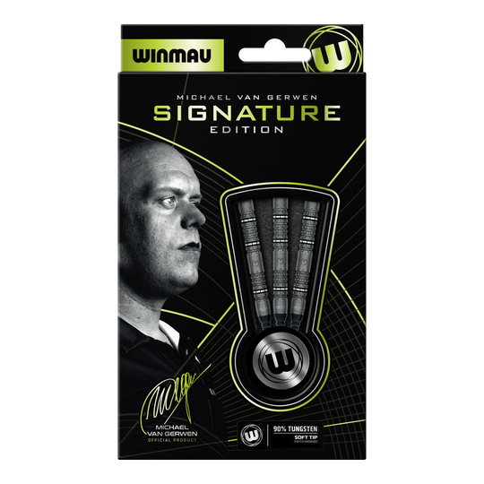 Dardos blandos Winmau Michael Van Gerwen Signature Edition - 20 g Abgebildet sind die Winmau Michael Van Gerwen Signature Edition Softdarts mit 20g Gewicht. Die Aufnahme zeigt drei einzelne Softdarts.