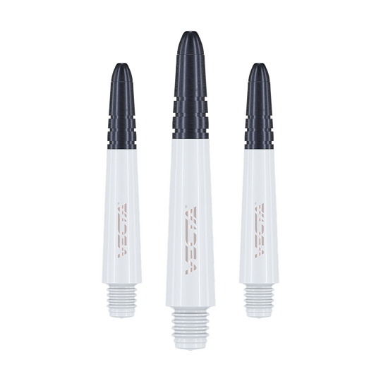7025-102_Winmau_Vecta_Shafts_Weiss_34mm_1 Das Bild zeigt drei weiße Winmau Vecta Shafts für Darts. Die Shafts haben schwarze Spitzen und ein modernes Design.