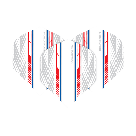 Vuelos de pentatlón blanco/rojo/azul Das Bild zeigt die "Pentathlon White Red Blue No2 Standard Flights". Die Flights sind überwiegend weiß mit roten, blauen und grauen Linienmustern.