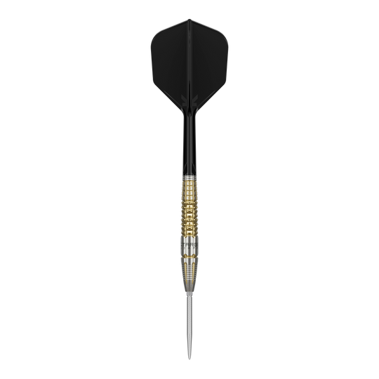 Das Bild zeigt einen Target Black Marque Warrior Swiss Point Steeldart. Der Dart hat eine schwarze Flight, einen gold-silbernen Griffbereich und eine spitze Stahlspitze.