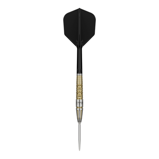 Dardos de acero Target Black Marque Warrior Swiss Point Das Bild zeigt einen Target Black Marque Warrior Swiss Point Steeldart. Der Dart hat eine schwarze Flight, einen gold-silbernen Griffbereich und eine spitze Stahlspitze.