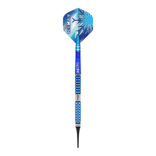 Dardos blandos Red Dragon Gerwyn Price Glacier - 18 g Dieses Bild zeigt den Red Dragon Gerwyn Price Glacier Softdart mit einem Gewicht von 18g. Der Dart hat ein auffälliges blaues Design mit eisigen Mustern und dem Schriftzug "ICEMAN" auf der Flights.