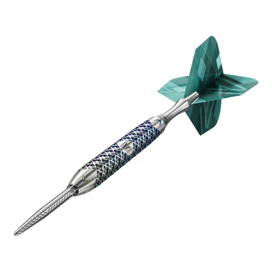 Dardos de acero Target Rove 01 Swiss Point Das Bild zeigt einen Target Rove 01 Swiss Point Steeldart mit silbernem Schaft und blau-grünen Akzenten. Am hinteren Ende befindet sich eine grün gemusterte Dartflügel.