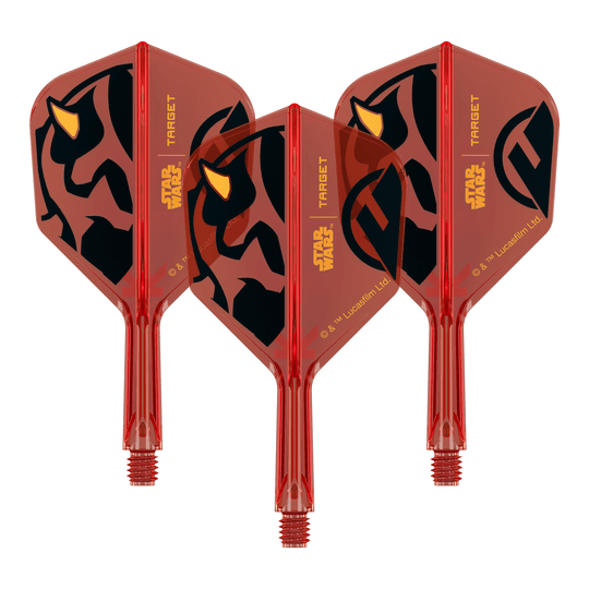 Ein Set von Dartflights mit Star Wars Motiv, wie im Dateinamen '410520_Target_StarWars_KFlex_DarthMaul_No6_Flights_Short_19mm_1Set' angegeben. Das Bild zeigt mehrere Flights im Darth Maul Design.