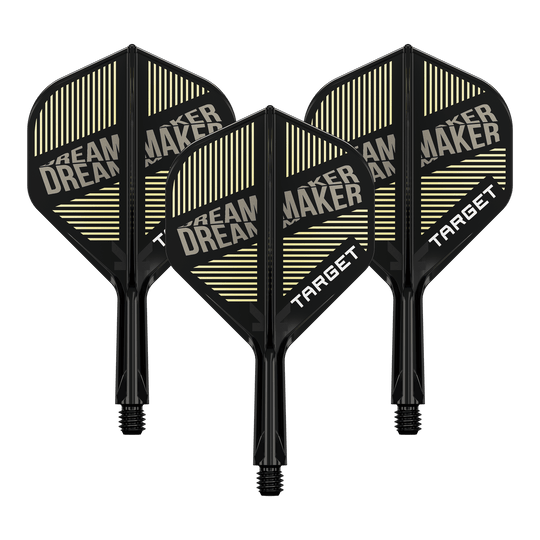 Auf dem Bild sind drei schwarze Dartflights mit integriertem Schaft zu sehen. Auf den Flights steht „DREAM MAKER“ und „TARGET“ in weißen Buchstaben.