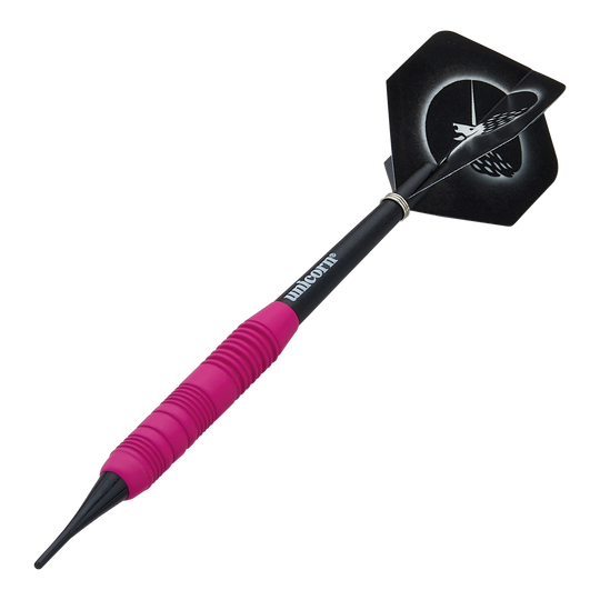 Dardos suaves de goma Unicorn Core Plus, color rosa - 19 g Das Bild zeigt einen pinken, gummierten Softdart namens "Unicorn Core Plus" mit einem Gewicht von 19g. Der Dartpfeil hat einen schwarzen Schaft und Flights mit einem Einhorn-Design.