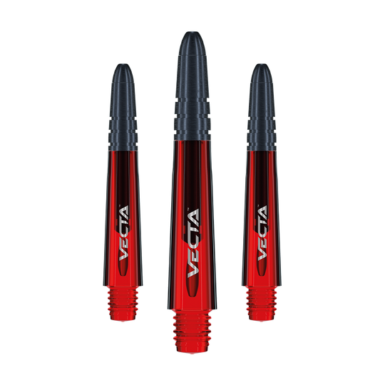 7025-103_Winmau_Vecta_Shafts_Rot_34mm_1 Das Bild zeigt drei Winmau Vecta Shafts in der Farbe Rot. Die Dartschäfte haben einen rot-schwarzen Farbverlauf und das Vecta-Logo ist darauf zu sehen.