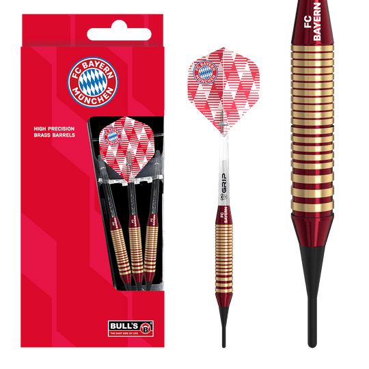 Dardos blandos de latón Bulls FC Bayern Munich - 18 g Das Bild zeigt die Bulls FC Bayern München Brass Softdarts mit einem Gewicht von 18g. Das Produkt ist speziell für Fans des FC Bayern München entworfen.
