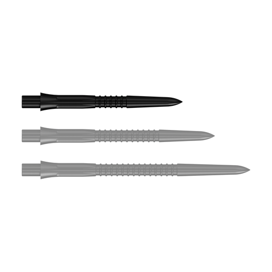 Schwarze Steeldartspitzen, 26 mm Länge, aus der Misson Caliburn EVO GV1 Serie. Die Aufnahme zeigt eine Detailansicht der Dartspitzen.