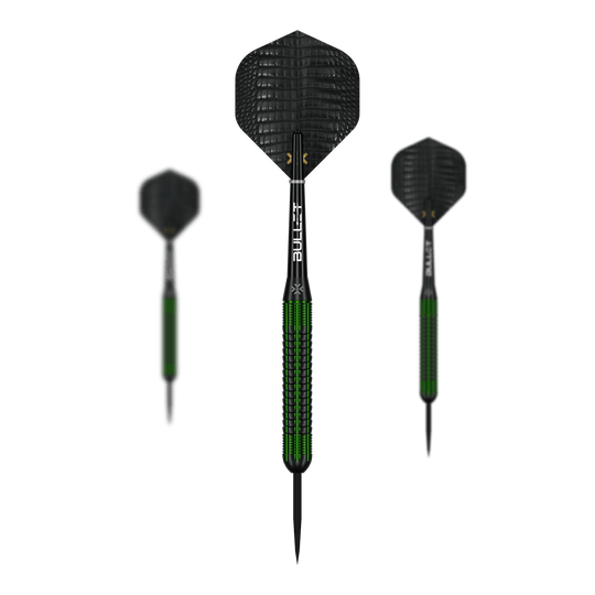 Auf dem Bild ist ein Set der Bullet Gator Brass Steeldarts - 22g zu sehen. Das Set enthält mehrere Darts mit je 22 Gramm Gewicht.