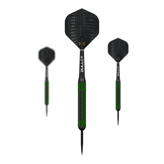Dardos de acero de latón Bullet Gator - 22 g Auf dem Bild ist ein Set der Bullet Gator Brass Steeldarts - 22g zu sehen. Das Set enthält mehrere Darts mit je 22 Gramm Gewicht.
