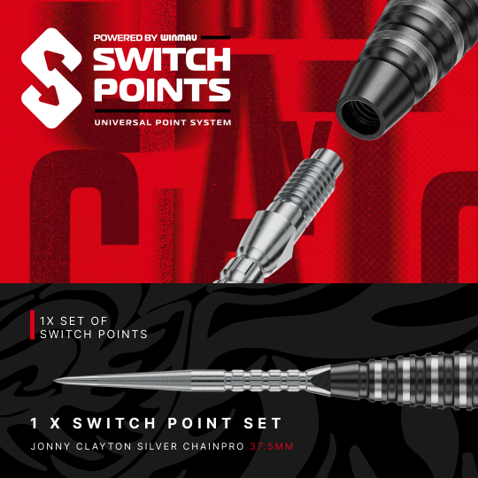 Dardos de acero Red Dragon Jonny Clayton RD-PRO Switch Point Das Bild präsentiert Red Dragon Jonny Clayton RD-PRO Switch Point Steeldarts. Die Dartpfeile sind geordnet auf einer hellen Fläche zu sehen.