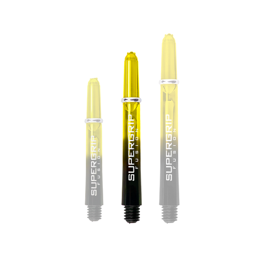 HR349_Harrows_Supergrip_Fusion_Shafts_Gelb_40mm_1i3wXrDg0BfcX5 Das Bild zeigt drei Harrows Supergrip Fusion Shafts in der Farbe Gelb. Die Shafts sind unterschiedlich lang und haben einen schwarzen unteren Bereich.